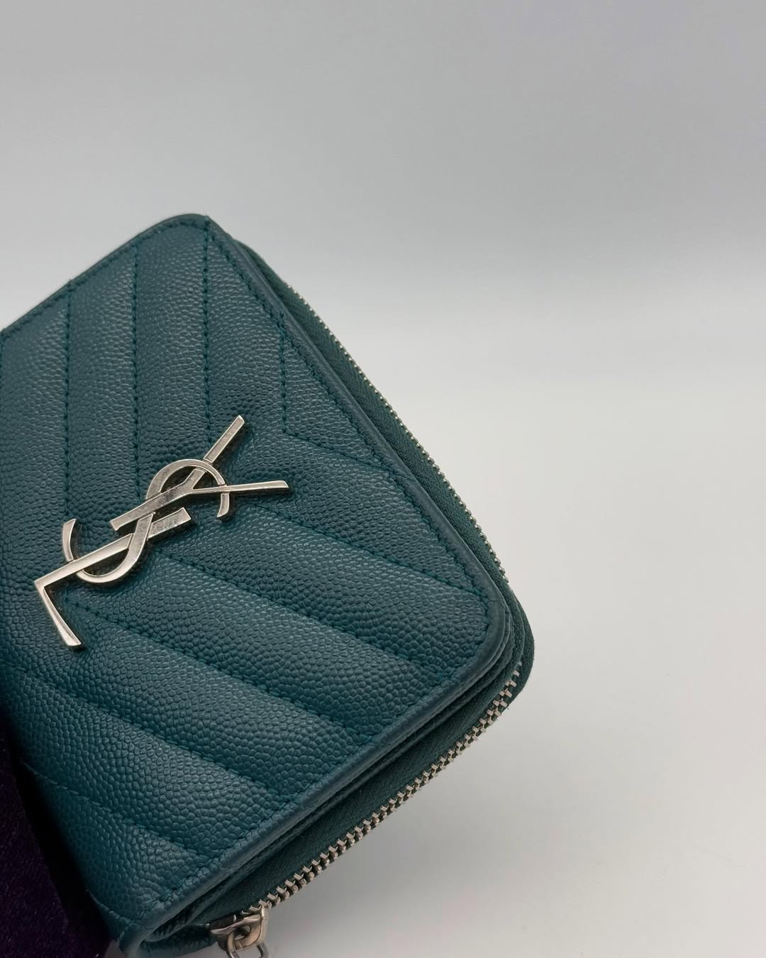 Yves Saint Laurent Caviar Teal Zip Wallet