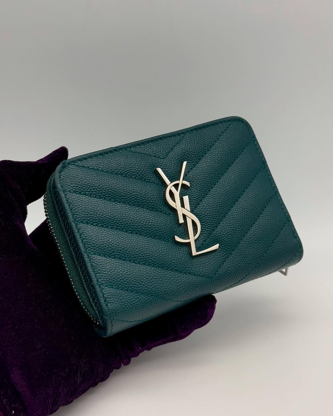 Yves Saint Laurent Caviar Teal Zip Wallet