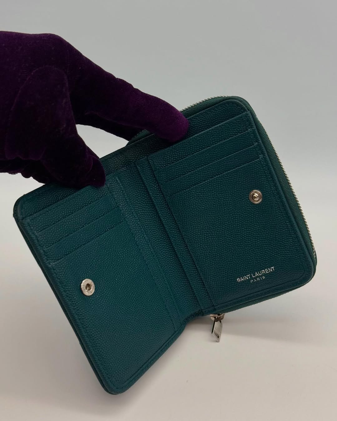 Yves Saint Laurent Caviar Teal Zip Wallet